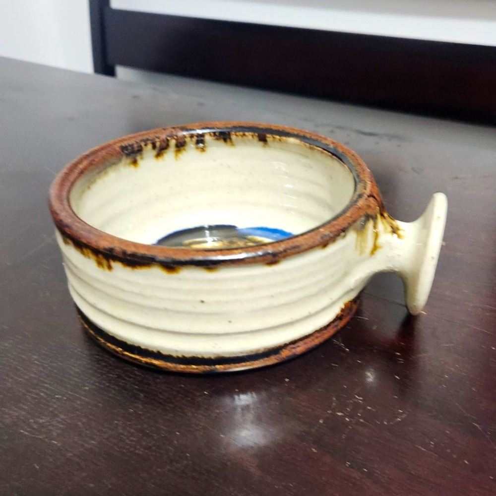 Handled Pottery Bowl w/ Side Knob Handle Beige Brown Drip Glaze Blue 6 in